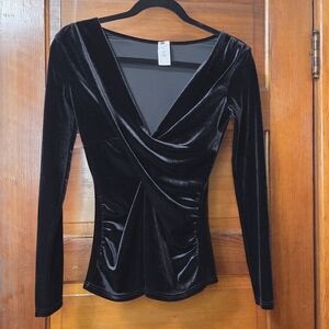 NWOT Arianne Black Velvet Draped Surplice Long Sleeve Top